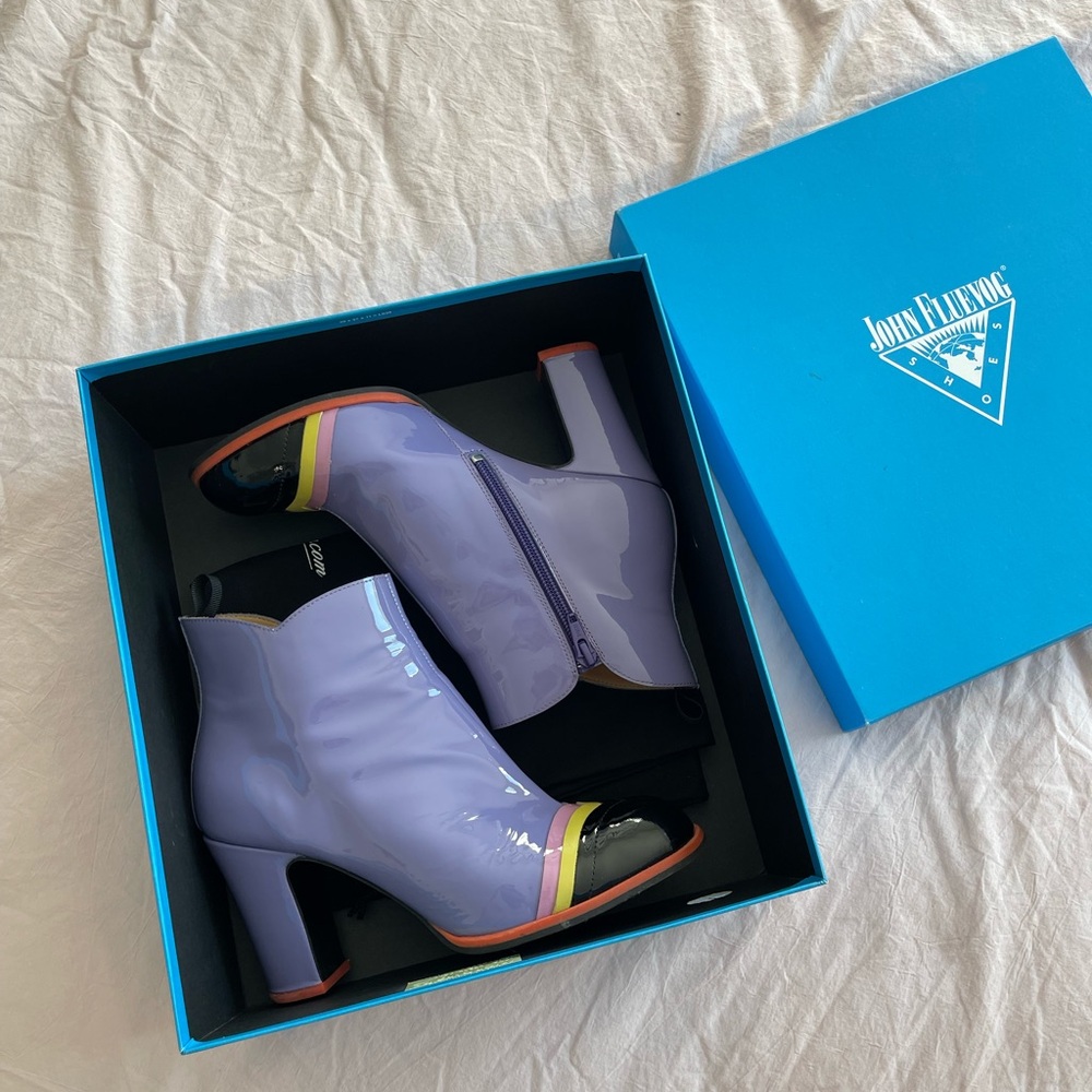 John Fluevog Patent Ankle Boots